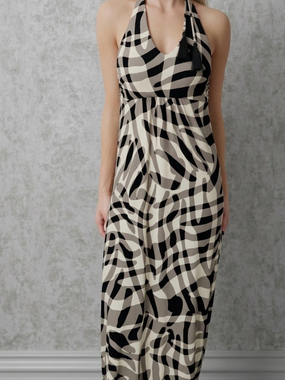 Tommy Bahama Halter Maxi Dress Black Beige Abstract Print Size M